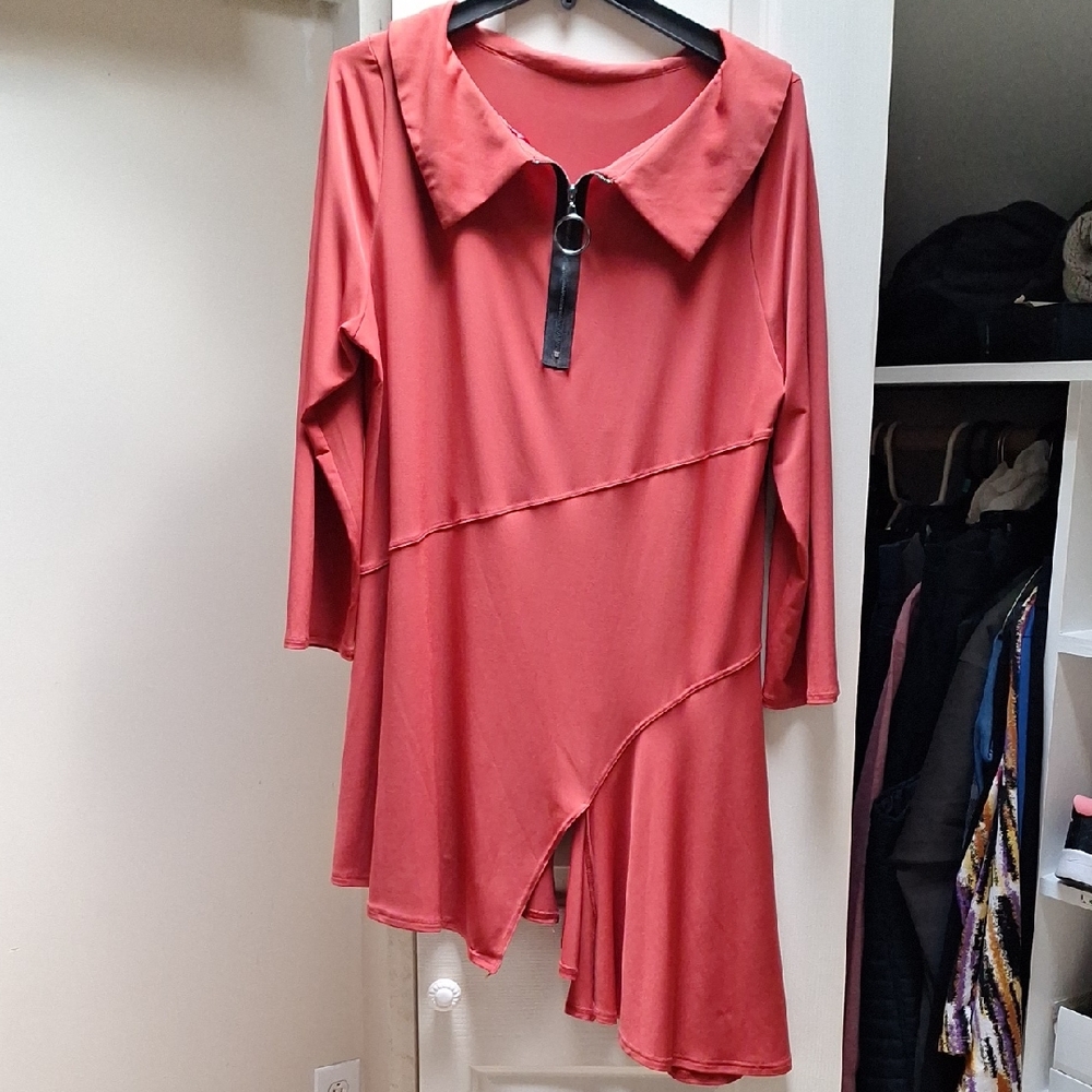 Red Asymmetrical Long Sleeve Dress
